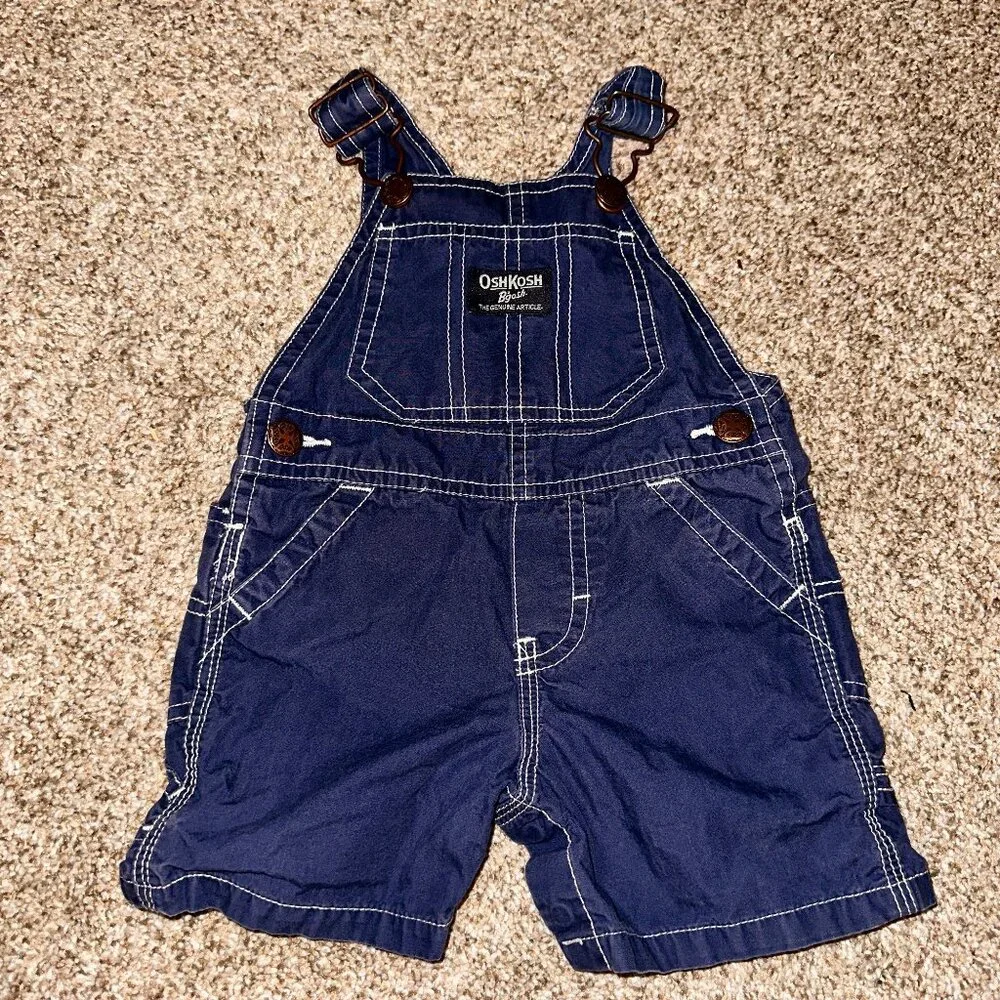 VTG OSHKOSH Navy Blue SHORTALLS 9 MO VESTBAK adjustable strap WHITE STITCHING
